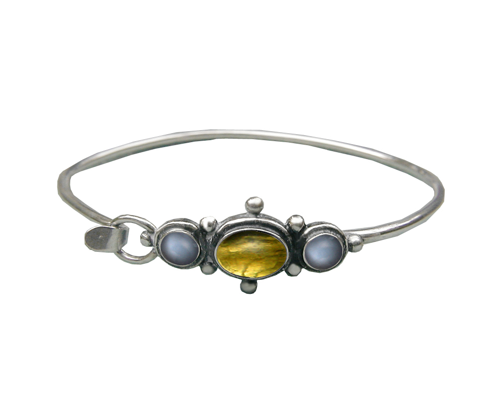 Sterling Silver Strap Latch Spring Hook Bangle Bracelet Citrine And Grey Moonstone